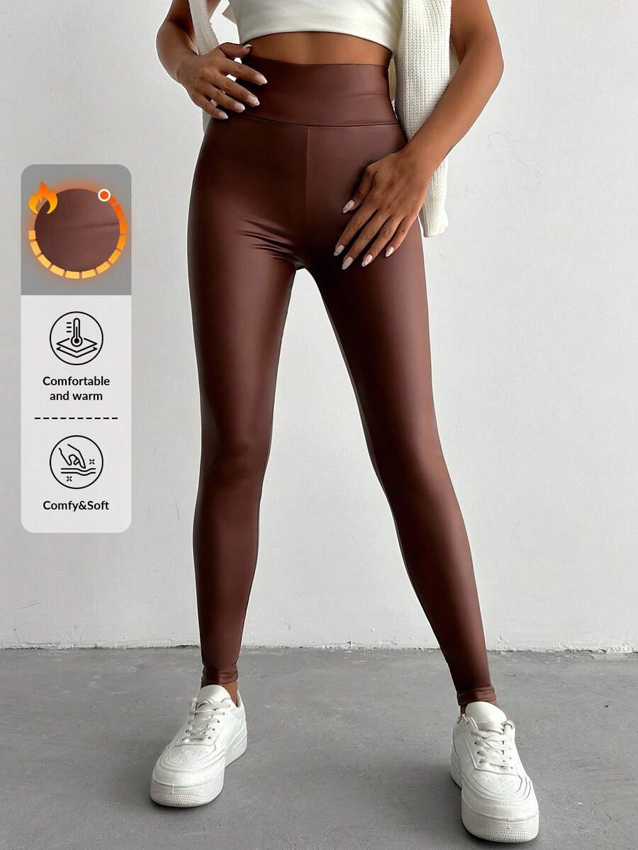 Solid High Waist PU Leggings - Brown - View 1