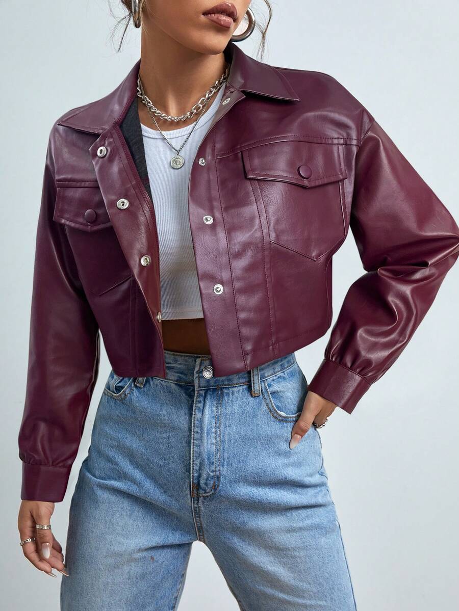 SHEIN EZwear 秋冬女装酒红色长袖落肩翻盖口袋短款PU夹克女秋冬外套 - 酒紅色 - 查看 1