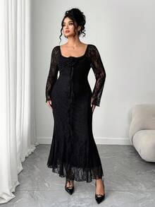 Elenzga Váy ren thanh lịch cỡ lớn dành cho nữ với họa tiết hoa 3D và viền đuôi cá - màu đen - Xem 6