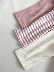 SHEIN 3 件套女婴简约百搭甜美可爱柔软弹力纯色条纹荷叶边长袖上衣，适合秋冬季休闲装、居家装、度假装