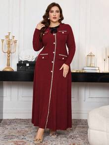 Modelyn Plus Size Ribbed Bowknot Decor A-Line Long Sleeve Casual Dress Suitable For Spring And Autumn Maxi Women Outfit Long Evening Dresses - Burgundy - View 1