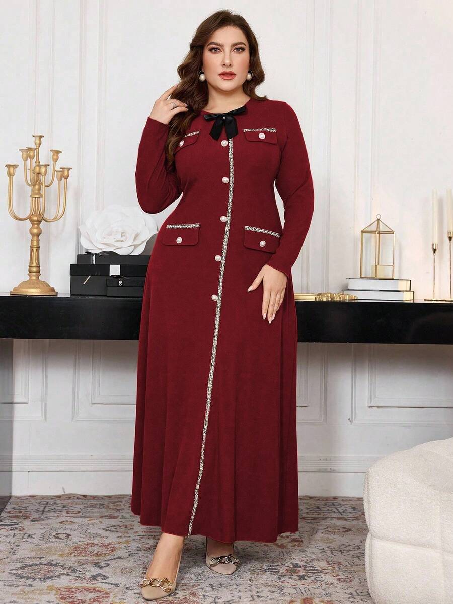 Modelyn Plus Size Ribbed Bowknot Decor A-Line Long Sleeve Casual Dress Suitable For Spring And Autumn Maxi Women Outfit Long Evening Dresses - Burgundy - View 1