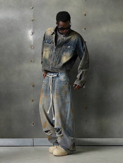 NEON BLANC Men's Distressed Wash Zip-Up Loose Denim Jacket, For Fall Winter