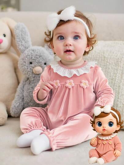 Souflis Souflis 1pc Baby Girls Autumn New Velvet Floral Collar Jumpsuit, Cute Infant Jumpsuit, Fashionable Casual Versatile Outfit For Indoor & Outdoor Wear Baby Girls Jumpsuits Puffed Sleeve Baby Outfit Baby Girl Clothes Spring Fall Winter