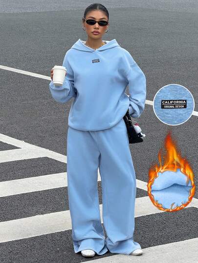 Muchica Women's Autumn/Winter New Thermal Lined Casual Loose Hoodie And Sweatpants 2 Pieces Set, Blue,Cozy Fall And Winter Clothes For Women,Fall,Fall Clothes For Women