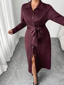 Elenzga Robe chemise femme grande taille, couleur unie, col cranté, boutons devant et ceinture, manches longues, décontractée, minimaliste, velours rétro, port quotidien, robe maxi épaisse, style casual chic occidental - Rouge foncé - Voir 7
