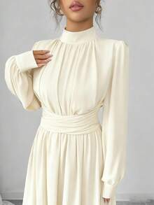 Elenzga Damen Lässig, Pendler, Urlaub, Nachmittagstee, Party einfarbiges braunes Chiffon Stehkragen, locker geschnittenes Kleid mit Kreuzband in Taille, A-Linie, Schleife, Futter, Langarm Maxikleid, Frühling/Herbst/Winter