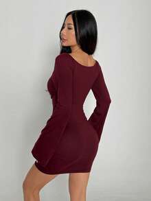 FavEase Đầm ôm sát cổ vuông tay loe, thường ngày cho mùa xuân và mùa thu - Màu Đỏ Sâu - Xem 2