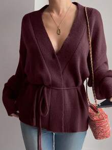 Livesso Women's Casual Solid Color Lace-Up Knit Loose Cardigan, Autumn/Winter - Burgundy - View 5