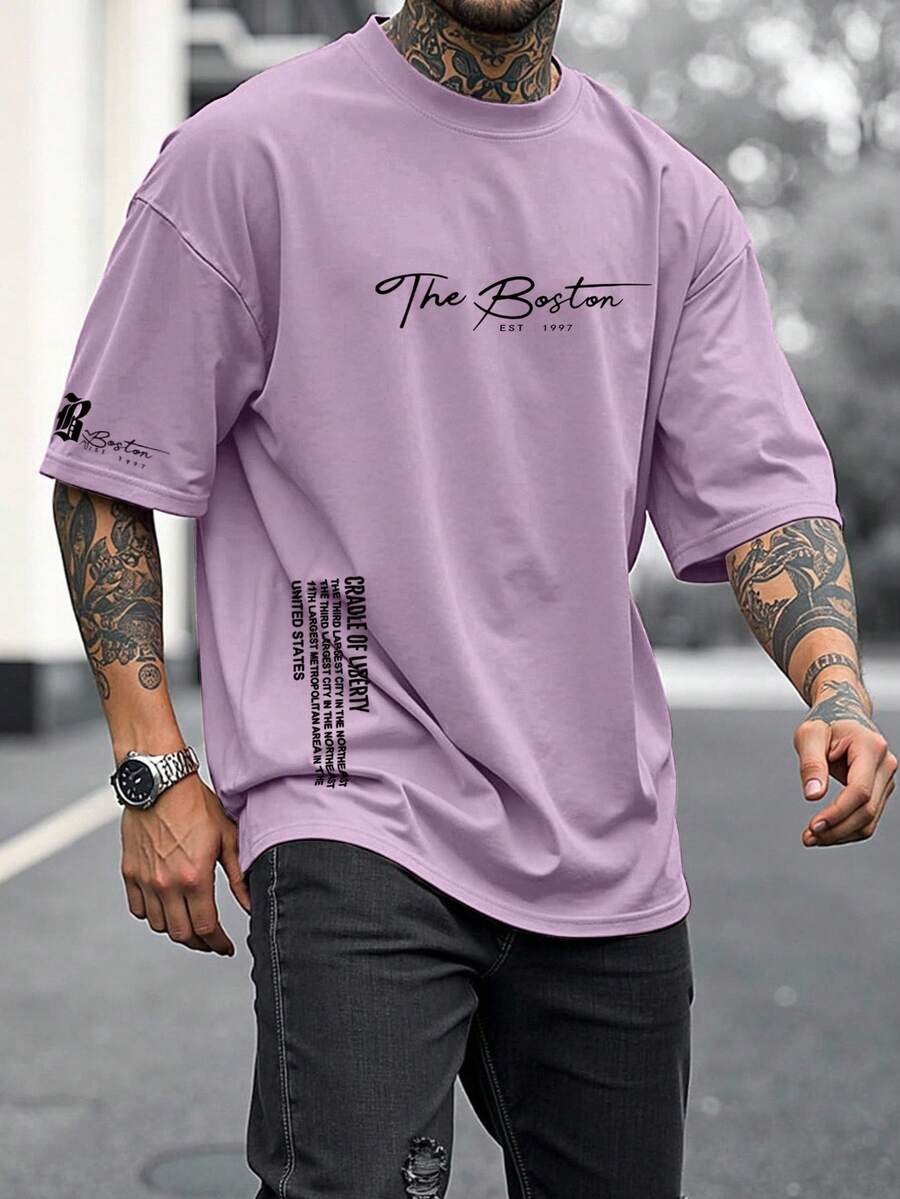 Manfinity Roughcore Plus Size Men Casual Slogan Print Round Neck Short Sleeve T-Shirt - Pink - View 1