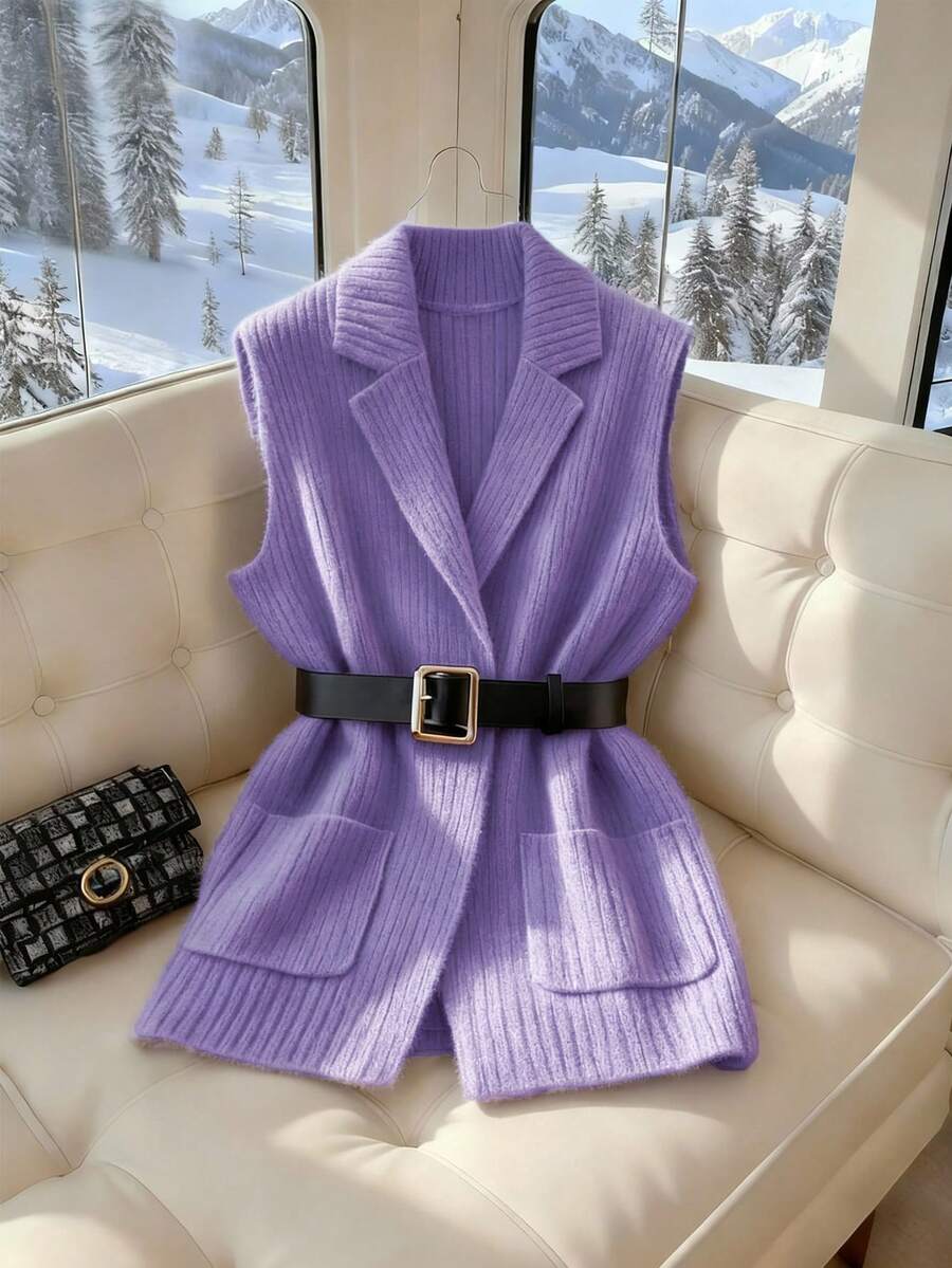 GlowEve Elegante chaleco de punto con bolsillo y cuello en V informal para mujer