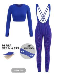 Innovista 无缝套装，蓝/紫色两件套：长袖拇指孔露脐上衣+条纹无缝连体裤，高弹力，四向可调节交叉后背带，提臀褶皱针织面料 | 塑形压缩，适合健身、瑜伽、普拉提 - 藍色 - 查看 4