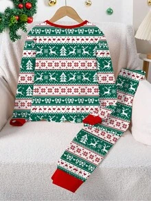 Tween Girls Christmas Pajama Set,Cute Pixel Heart & Deer Allover Print Snug Fit Long Sleeve Top And Pants,Matching Family Red And White Gingham Autumn - Green - View 2