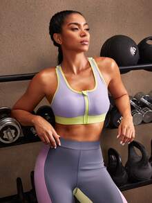 Powerista Women's Contrast Color Criss-Cross Back Zipper Front Sports Bra