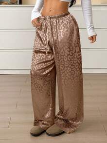 SHEIN EZwear 女式休闲卡其色豹纹抽绳腰宽松阔腿裤 - 卡其色 - 查看 3