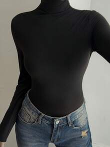 Livesso Áo thun nữ cổ lọ màu trơn dáng ôm, áo dài tay mùa thu - màu đen - Xem 6