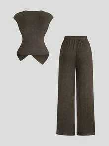 Sweetra 2 件套女士简约通勤针织纹理舒适休闲金属扣装饰套装，秋季