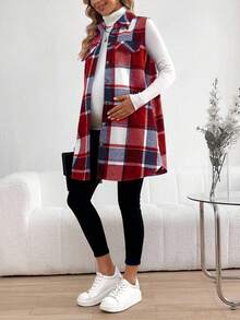 SHEIN Maternity Plaid Print Button Front Casual Sleeveless Jacket - Red - View 3