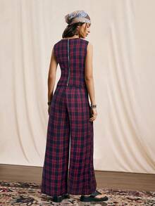 Easelle Bộ 2 món áo crop top không tay kẻ caro du mục cổ điển kèm thắt lưng kim loại và quần ống rộng cho nữ - Đỏ - Xem 2