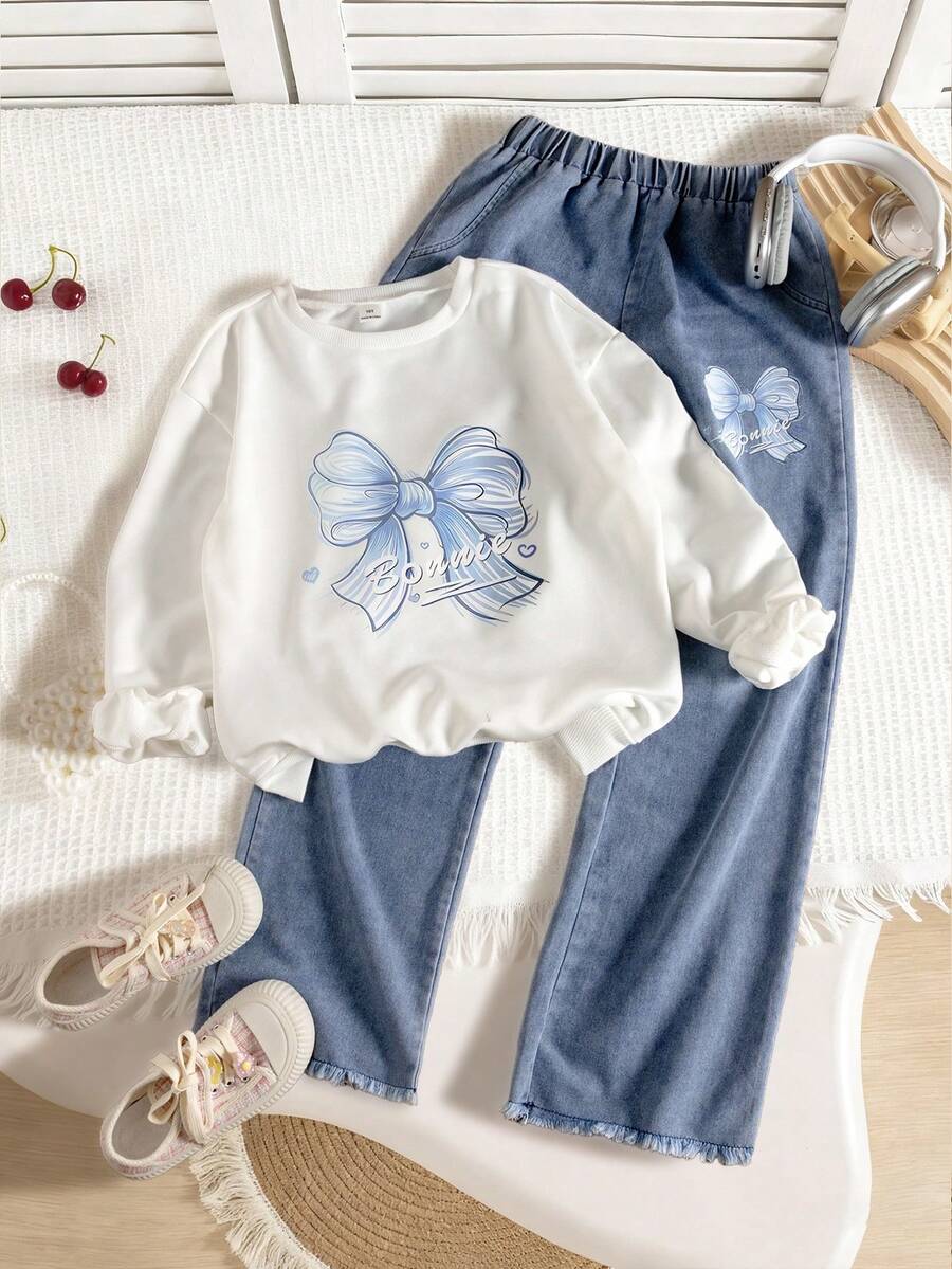 Genkimix Kids مجموعة من قميص ثقيل رقبة طاقم مع نمط الفيونكة وبنطال جينز ممزق للفتيات المراهقات، 2 قطعة