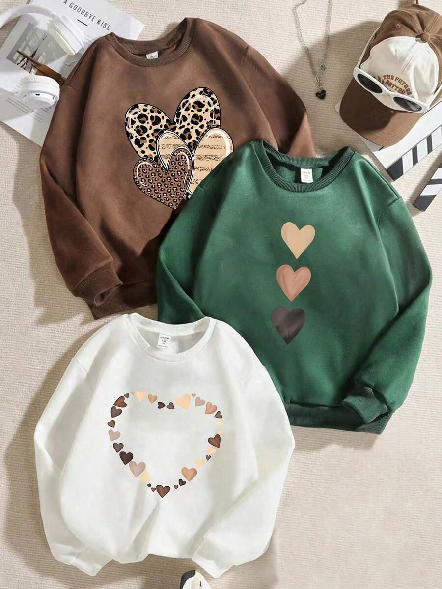 SHEIN 3 件套年轻女孩休闲时尚学院风心形系列什锦心形印花圆领长袖运动衫，适合日常休闲、运动和学校，秋冬季，棕色、绿色、白色 - 彩色 - 查看 1