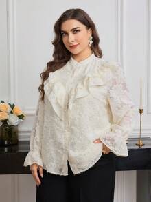 Modelyn 杏色蕾丝荷叶边领长袖衬衫，优雅百搭，适合日常通勤 - 杏色 - 查看 3