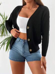 EURMUSE Drop Shoulder Button Front Cardigan - Black - View 5