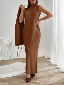 EURMUSE Women Sleeveless High Neck Sweater Dress With Cardigan - Brown - View 5