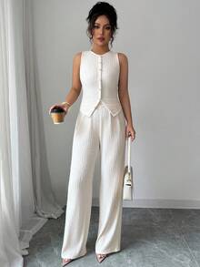 Elenzga 女士时尚纯色纹理两件套，包含无袖圆领纽扣修身背心和高腰宽松直筒裤，优雅通勤风格