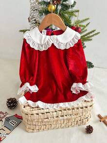 SHEIN Playful Pals Vestido de veludo manga longa para bebê menina outono/inverno, cor vermelha com gola e babados, adequado para ocasiões casuais, ao ar livre e festas