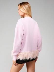MISSGUIDED Fuzzy Feather Trim Oversized Knit Sweater Long Sleeve Crew Neck Pullover For Fall Winter Cozy Casual Wear - Pink - View 2