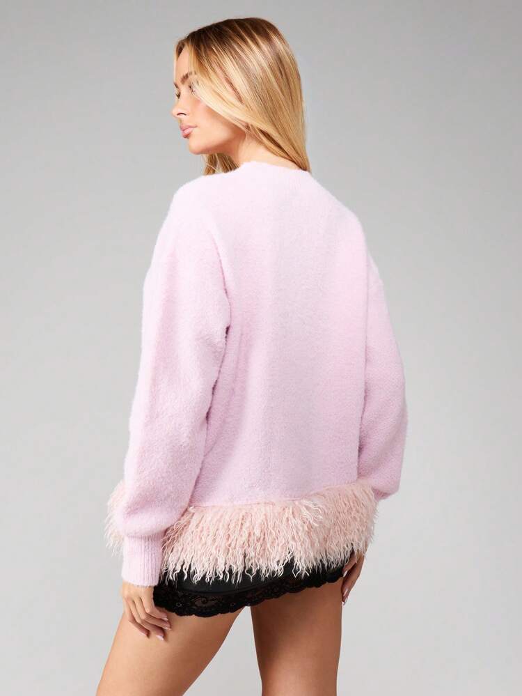MISSGUIDED Fuzzy Feather Trim Oversized Knit Sweater Long Sleeve Crew Neck Pullover For Fall Winter Cozy Casual Wear