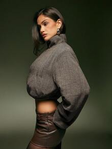 Denimoi Elastic Waist High Neck Cropped Zip Front Herringbone Jacket - Brown - View 6