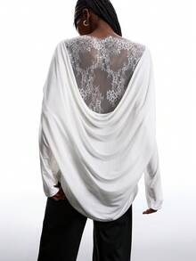 LYSMO Camiseta elegante de mujer con parches de encaje minimalista, elegante y sexy para otoño e invierno 2025. Parte superior elegante blanca para fiestas de otoño, verano en la playa y salidas de otoño e invierno - Blanco - Ver 4