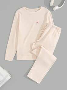 SHEIN Cottnline 男士柔软优质休闲面料刺绣常规家居服套装 - 米色 - 查看 2