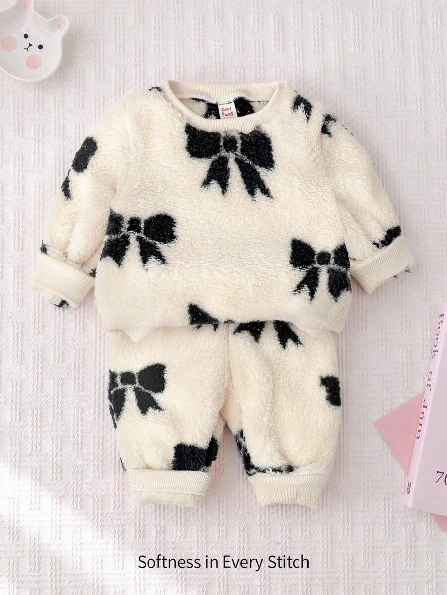 Cozy Pixies 女嬰 2 件組冬季抓絨服裝套裝,可愛米色秋季假日居家服,套頭毛衣與長褲保暖毛絨睡衣,附蝴蝶結 - 彩色 - 查看 1