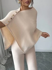 Elenzga 2 件女式针织毛衣套装：披肩领套头衫 + 修身裤，秋冬 - 杏色 - 查看 4