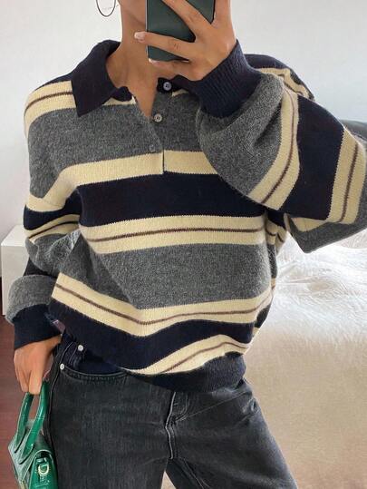 Livesso 여성 캐주얼 스트라이프 터틀넥 스웨터, 가을