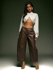 Denimoi 秋冬时尚 GNO 约会之夜筒形仿皮裤 - 棕色 - 查看 2