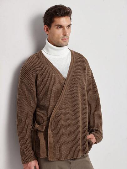 Manfinity CityGents Men's Casual Solid Color Tie-Up Wrap Cardigan, Autumn/Winter Japanese Sweater Coat, Kimono Sweater, Brown Sweater Coat It Is Great For Couples And Makes An Excellent Gift Idea For Boyfriends Or Husbands Or Friends , Fall