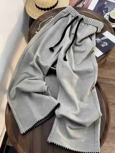 GlowEve CURVE กางเกงวอร์มลำลองขายาวแบบผูกข้อเท้า ทรงหลวม สีตัดกัน ไซส์ใหญ่พิเศษ, ฤดูใบไม้ผลิ/ใบไม้ร่วง, ขอบปักลาย, กางเกงจ็อกเกอร์ขายาว ขอบเอวรูด เชือกผูก กระเป๋า สีพื้น สำหรับผู้หญิง