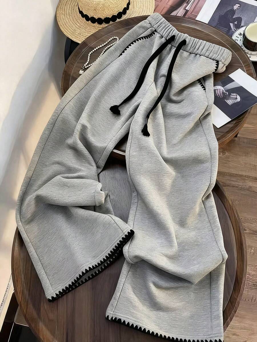 GlowEve CURVE Plus Size Women's Pink And Grey Contrast Color Loose Fit Casual Sweatpants,Autumn Everyday Embroidered Trim Drawstring Waist Pockets Wide Leg Joggers - Grey - View 1