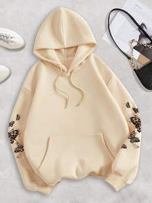 SHEIN 女士豹纹蝴蝶图案卫衣，时尚街头风 - 杏色 - 查看 2