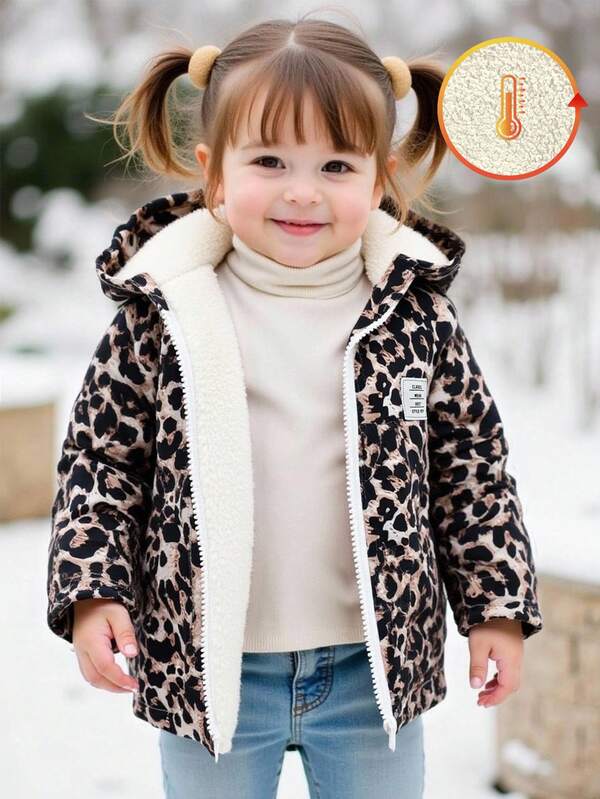 1pc Baby Girl Fashionable Hooded Long Sleeve Leopard Print Jacket, This Jacket Has An Overall , Loose Style, Fashionable And Casual. Front Zipper Design For Easy Wear And Removal. Soft, Comfortable And Warm Fabric, Suitable For School, Travel, Holidays And Daily Wear. Please Refer To Our Size Chart To Select.