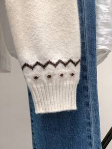 SHEIN Unity 全新秋冬复古优雅通勤费尔岛风麻花圆领毛衣 - 彩色 - 查看 3