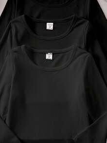 SHEIN 女童休闲宽松纯色圆领长袖T恤，经典舒适，适合旅行，时尚百搭，春秋季长袖黑色上衣3件装，黑色上衣，儿童基础款上衣，女童黑色上衣 - 黑色 - 查看 4