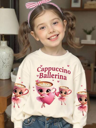SHEIN Girls Casual Fashionable Creative Cartoon Cup & Ballet Girl Heart Graphic Print Crew Neck Sweatshirt, Suitable For Girls, Autumn