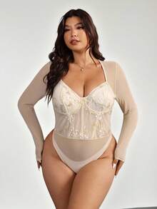 Firerie Plus Size Elegant Party Romper With Lace Trim, Comfortable & Casual For Spring, Early Autumn, Vacation, Beach, Romantic, Suitable For Cocktail Party, Ball, Wedding