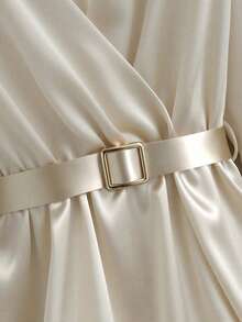 Lyxana Satin + Belt Decor Long Sleeve Midi Dress - Apricot - View 3