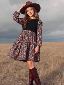 SHEIN Tween Girl Floral Print Round Neck Lantern Sleeve Ruffle Hem Dress, Autumn Winter,Party Wear, Daily Wear School Daily, Birthday